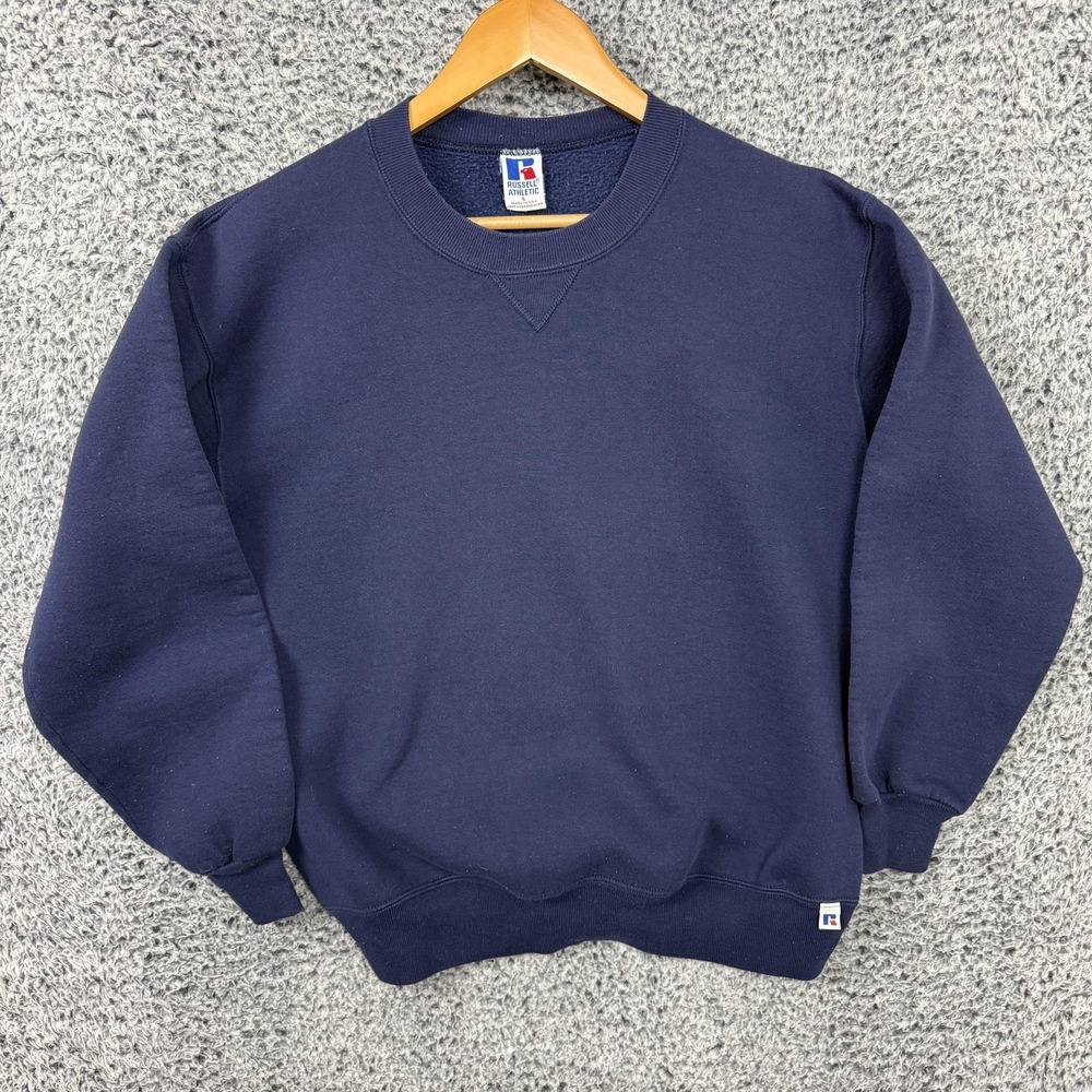 Vintage 90s Russell Athletic Sweatshirt Mens Large Blue Blank Crewneck Made USA